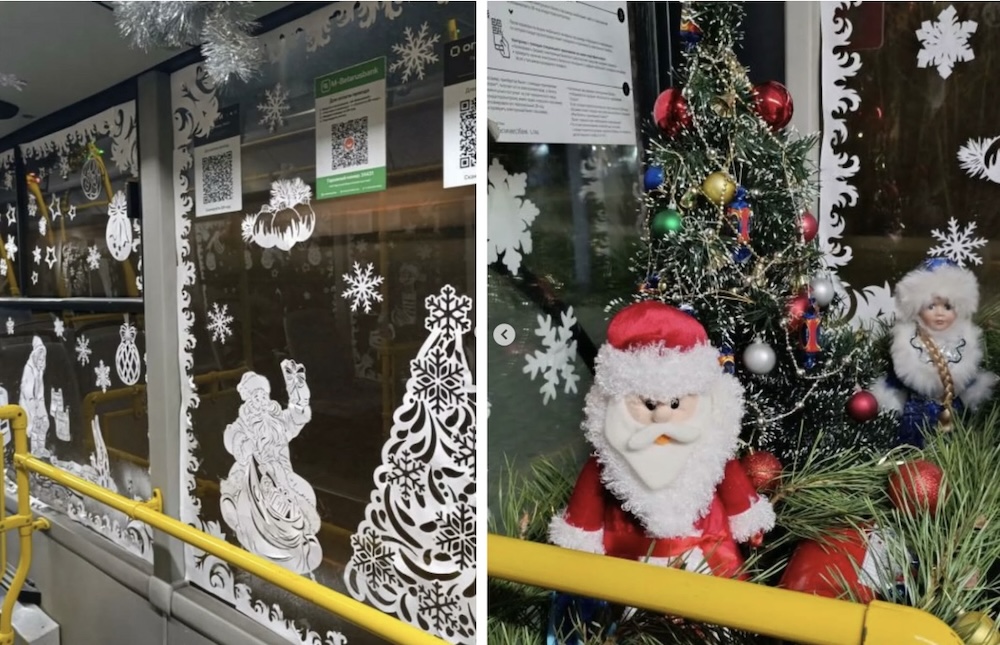 Салон новогоднего автобуса в Бресте, курсирующего по маршруту №42. Фото: Instagram.