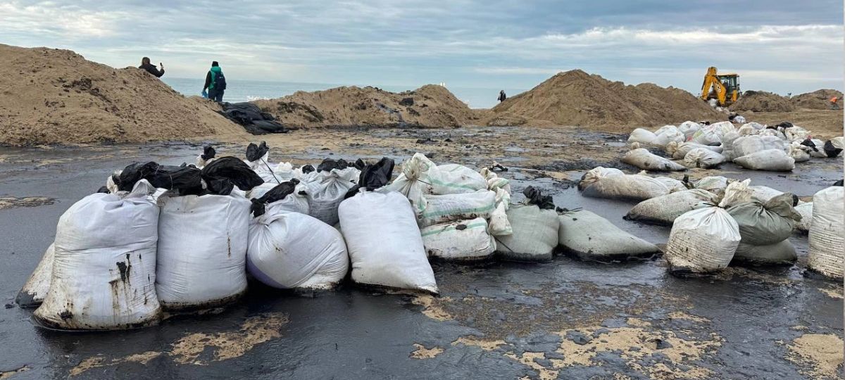 Мазут на пляжах Анапы после масштабного разлива в декабре 2024 года в Черном море. Фото: fontanka.ru.