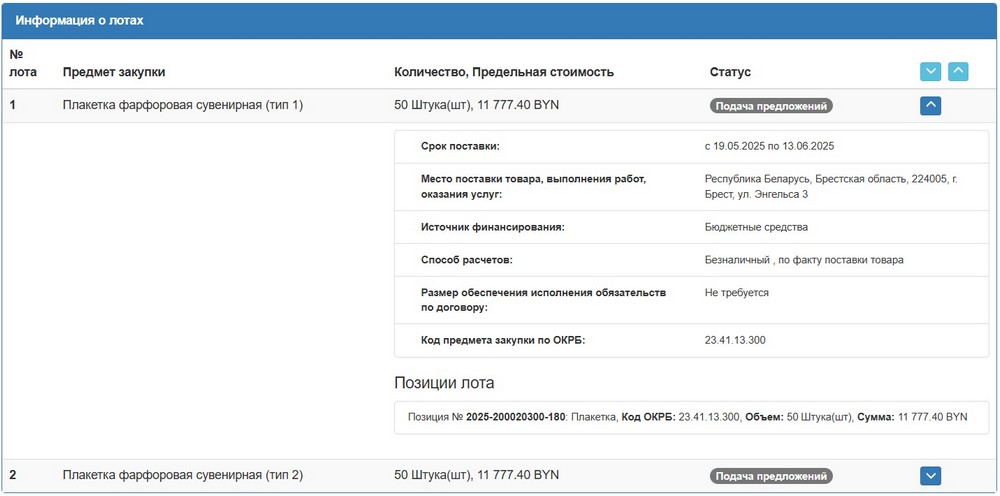 Тендер Брестского горисполкома на фарфоровые плакетки. Скриншот сайта госзакупок