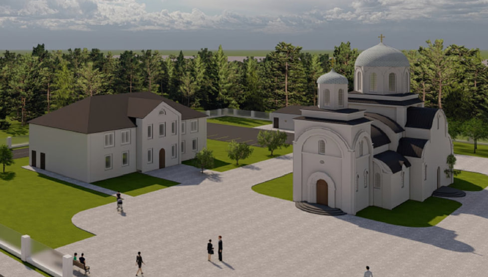 Церковь Благовещения Пресвятой Богородицы и дом причта, которые планируют построить на части охранной зоны Печерского лесопарка. Рендер из материалов общественного обсуждения.