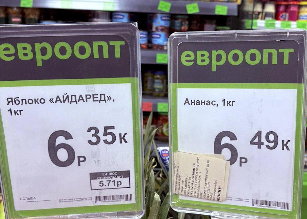 Цена на польские яблоки и ананасы в магазине «Евроопт». Фото: Телеграм.