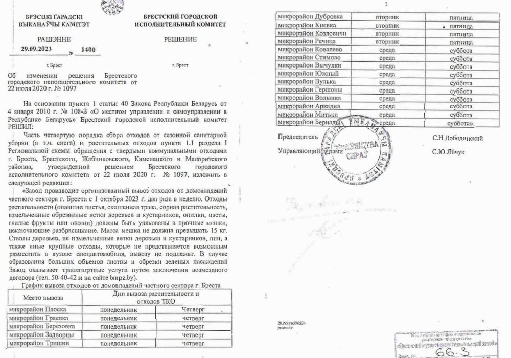 Решение Брестского горисполкома №1400 о вывозе мусора в Бресте.