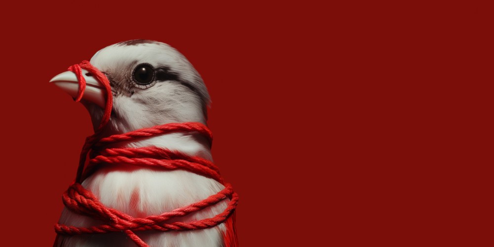 Птушка з перавязаным клювам на чырвоным фоне