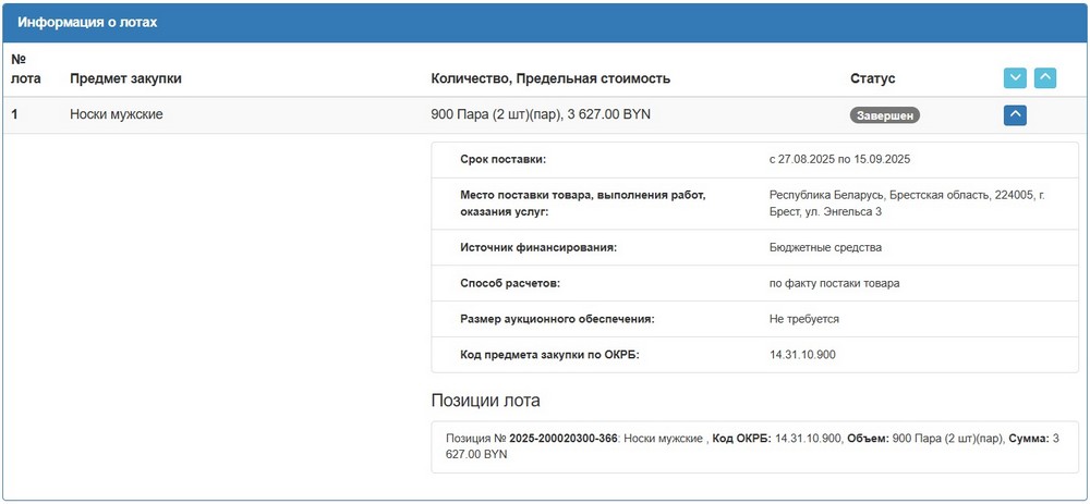 Тендер Брестского горисполкома на мужские носки. Скриншот сайта госзакупок