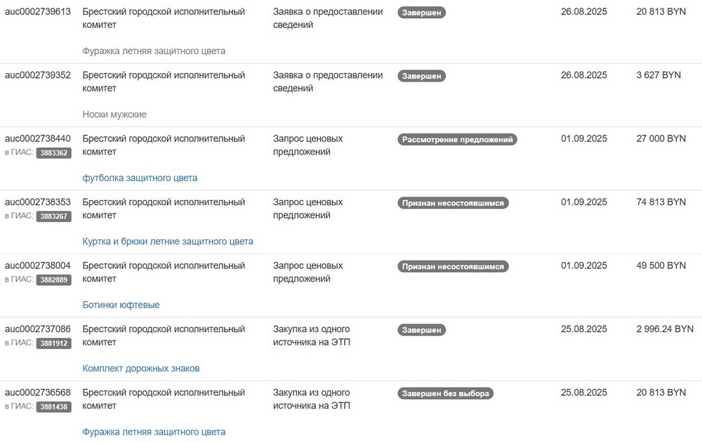 Все тендеры Брестского горисполкома на военную одежду. Скриншот сайта госзакупок