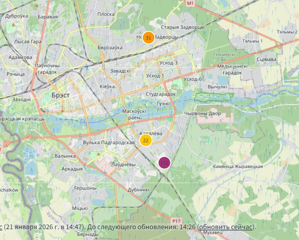 Скриншот данных по качеству воздуха в Бресте 21 января.