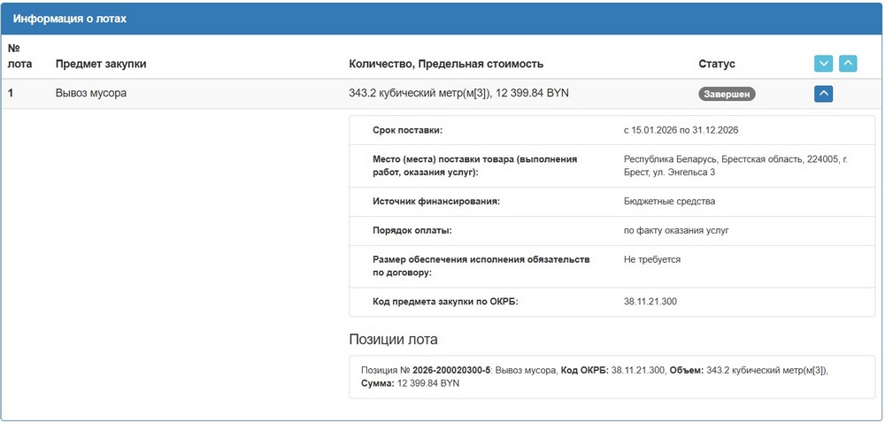 Завершенный тендер Брестского горисполкома на вывоз мусора. Скриншот сайта госзакупок