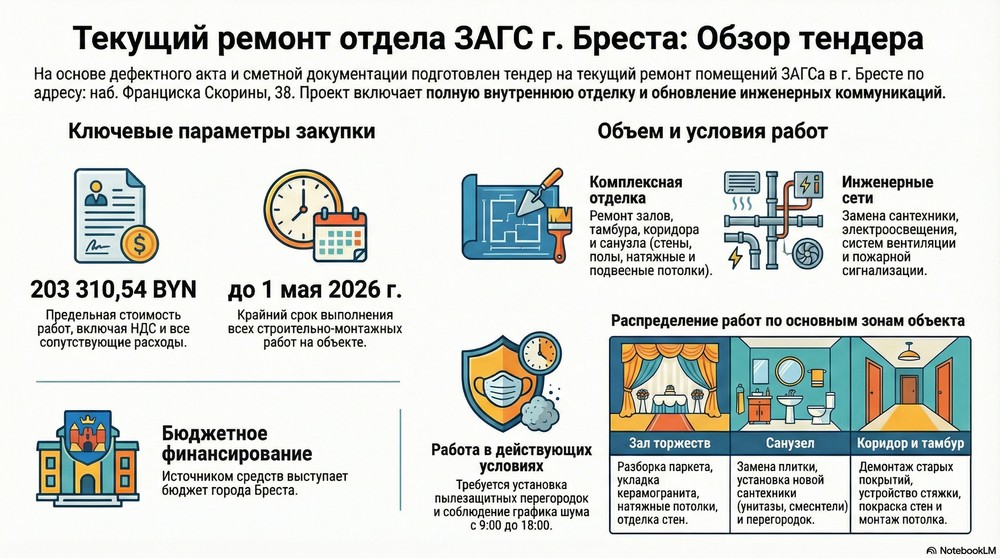 Обзор тендера на ремонт ЗАГСа в Бресте. Инфографика создана в NotebookLM